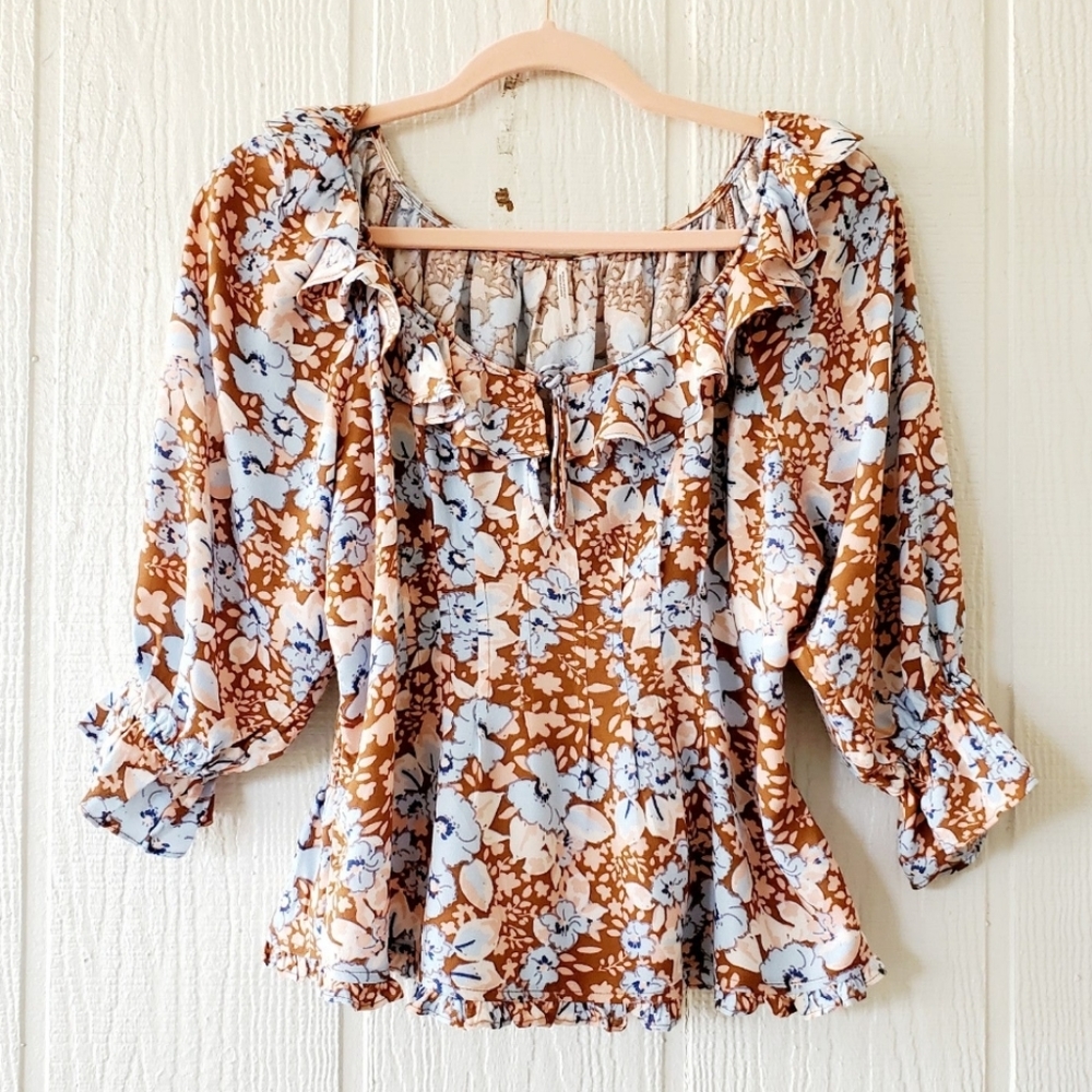 Free People Boho Floral Peasant Top Ruffle Neck Tie Front Longsleeve Small